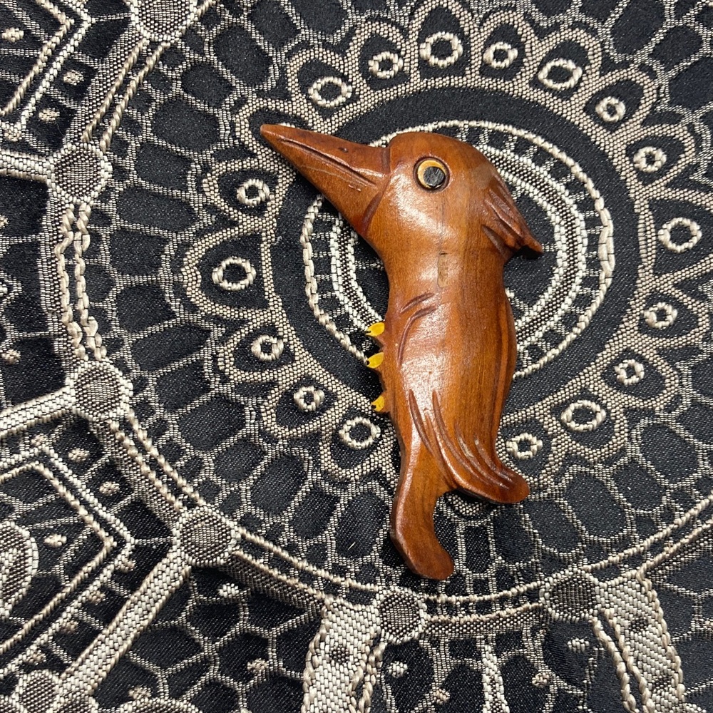 Mid-century Carved Wooden Bird Brooch Pin